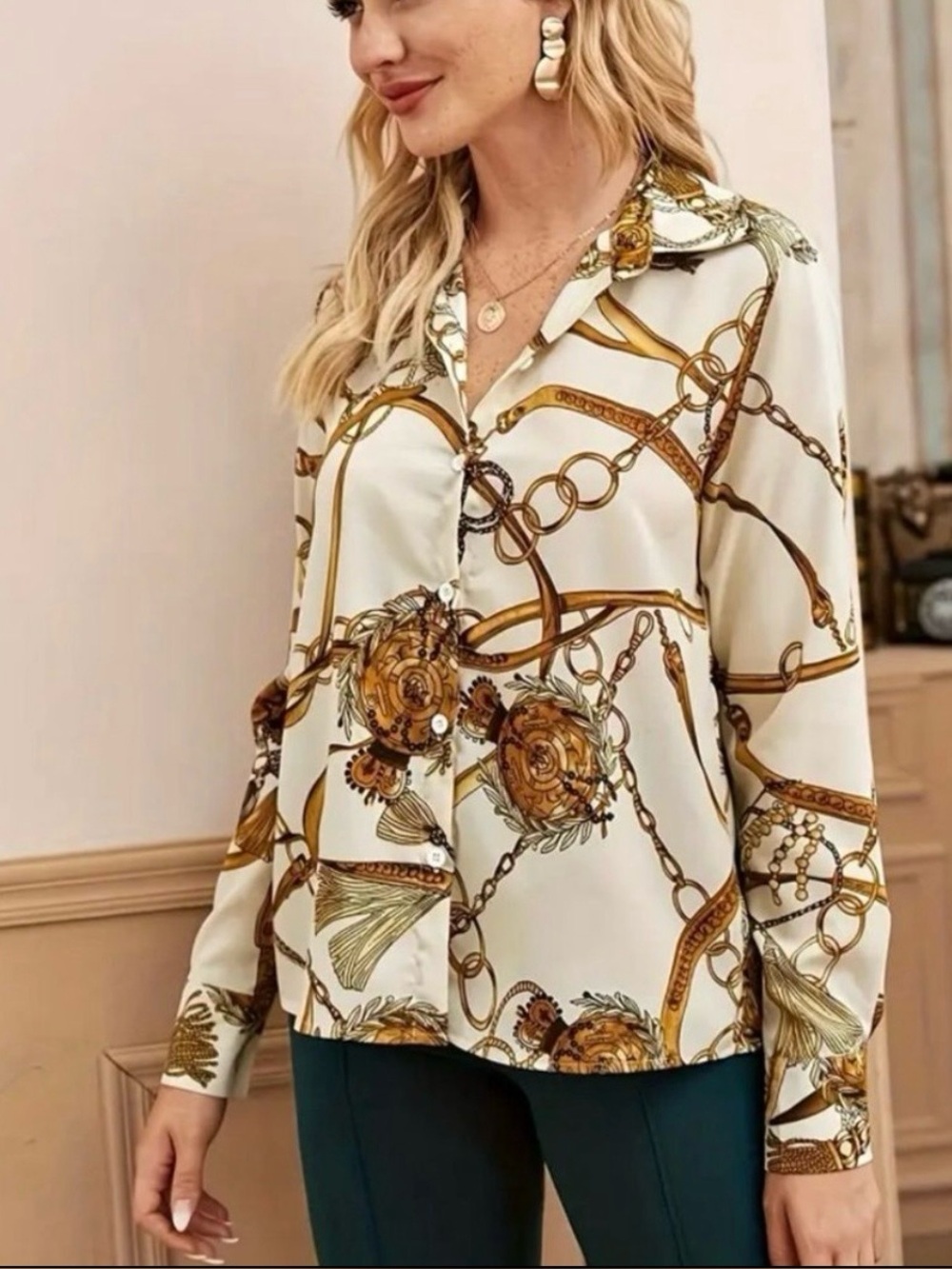 Y2K Vintag Jon & Anna Contemporary Women’s Chain Print Button-Down Blouse SZ S